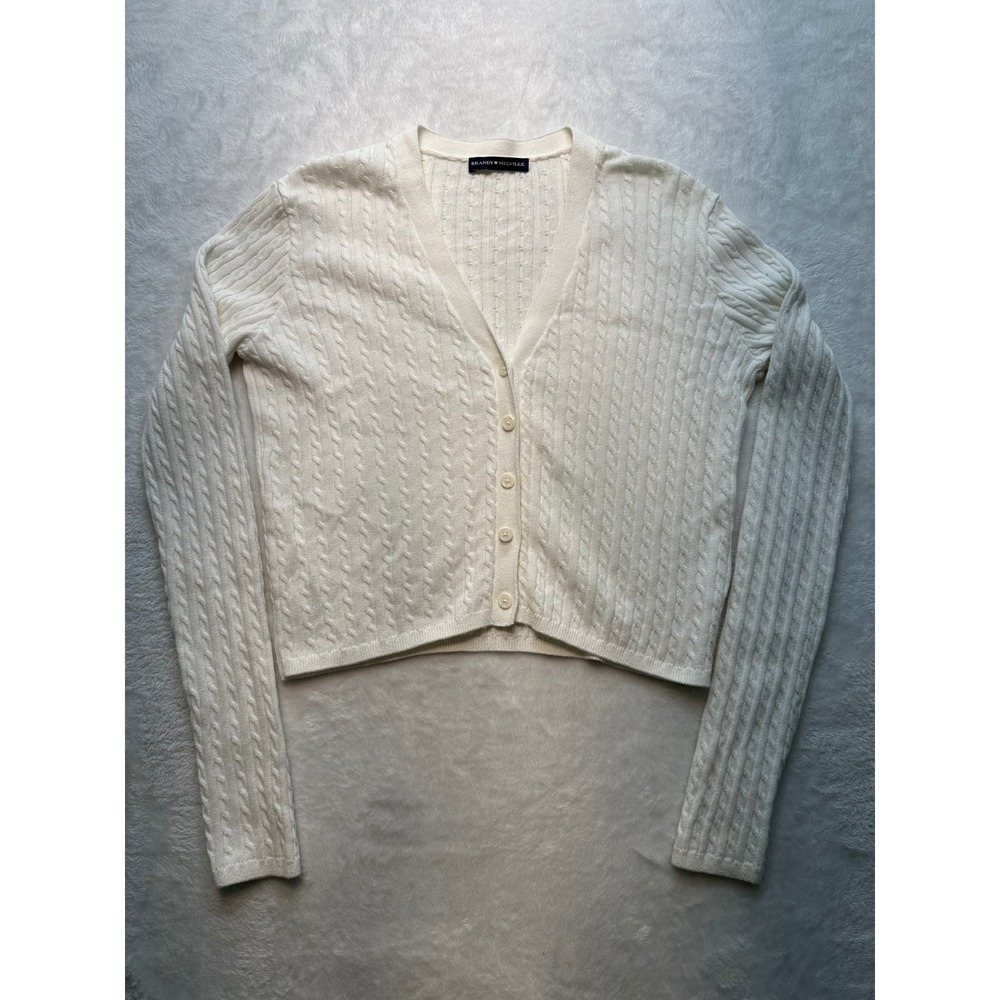 Brandy Melville White Cable Knit V-Neck Button Front Cotton Cardigan OS-187